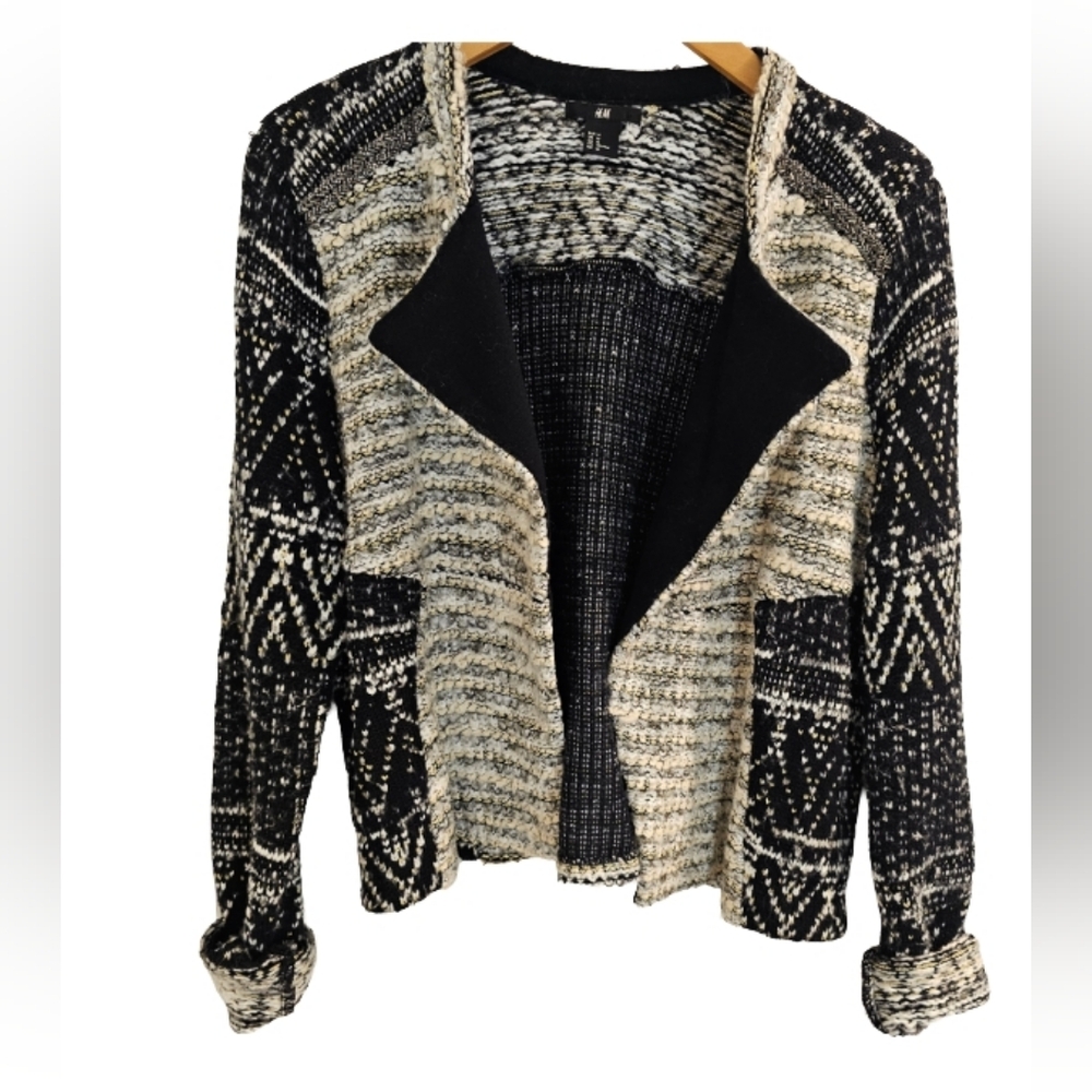 [H&M] Cream & Black Cotton Knit  Long Sleeve Open Cardigan Jacket Women Medium